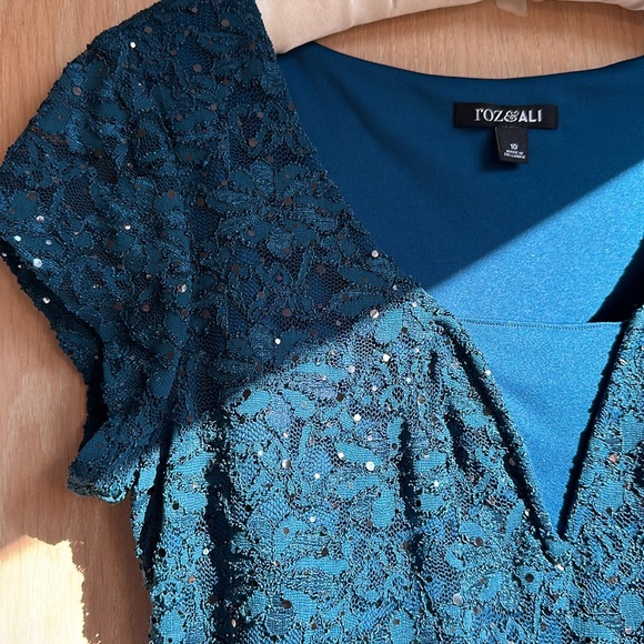 Teal Sparkly Roz & Ali Size 10 Fitted Dress Night Out Cocktail Formal Cap Sleeve - Picture 5 of 10